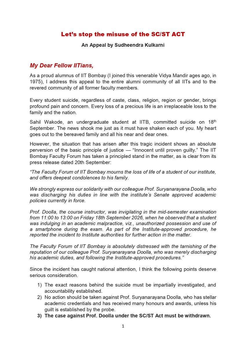 SudheenKulkarni's tweet photo. Let's stop the misuse of the SC/ST Act at IITs -- and everywhere in India

Let's stand in solidarity with Prof Suryanarayana Doolla.

My appeal to all fellow IITians and faculty members of all IITs. https://t.co/jSTMSlV1V9