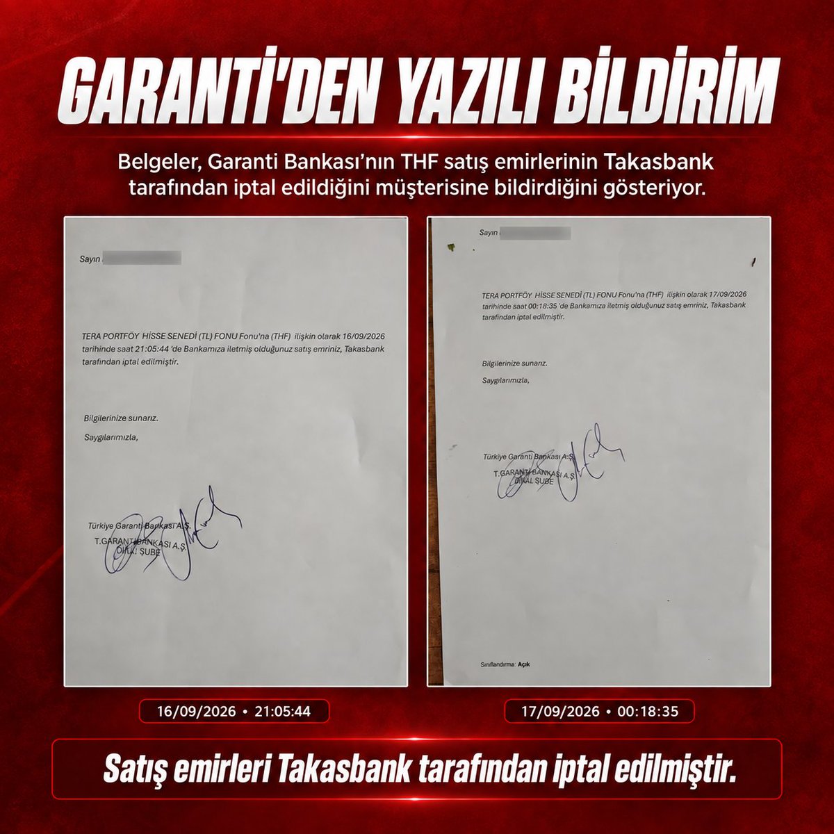 fonhaberlerson's tweet photo. 📌 Garanti Bankası’ndan dikkat çeken yazılı bildirim

THF satış emri veren bir yatırımcıya iletilen iki ayrı belgede banka açıkça şu ifadeyi kullanıyor:

“Satış emriniz, Takasbank tarafından iptal edilmiştir.”

#FonMağdurları https://t.co/ejTTqKz7VL