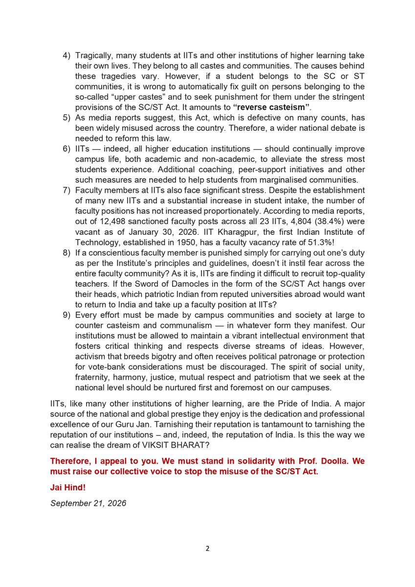 SudheenKulkarni's tweet photo. Let's stop the misuse of the SC/ST Act at IITs -- and everywhere in India

Let's stand in solidarity with Prof Suryanarayana Doolla.

My appeal to all fellow IITians and faculty members of all IITs. https://t.co/jSTMSlV1V9
