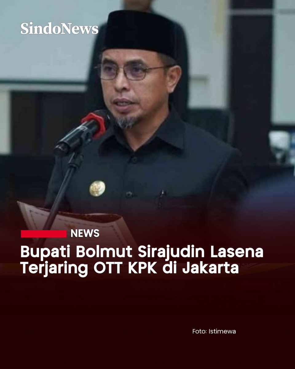 SINDOnews's tweet photo. Komisi Pemberantasan Korupsi (KPK) kembali melakukan operasi tangkap tangan (OTT). Salah satu yang terjaring dalam operasi senyap kali ini ialah Bupati Bolaang Mongondow Utara, Sirajudin Lasena. 

Hal itu dibenarkan Ketua KPK, Setyo Budiyanto. Ia juga mengonfirmasi yang bersangkutan terjaring di wilayah Jakarta. 

"Benar, sedang ada kegiatan di lapangan," kata Setyo saat dikonfirmasi melalui pesan tertulis, Senin (21/9/2026). 

#OTTKPK #BupatiBolaangMongondow #SirajudinLasena #KPK #Sindonews