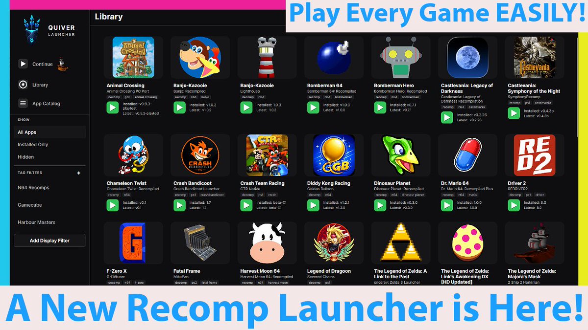 VEsoterica's tweet photo. With SO many recomps and source ports lately the question I get the most is...where do I find them? and is there a launcher? So let's talk about Quiver launcher! N64 recomps, PS1 recomps, Xbox 360 recomps and more! (vid in reply) #gaming #retrogaming #retrogames https://t.co/bJNp4kle7O