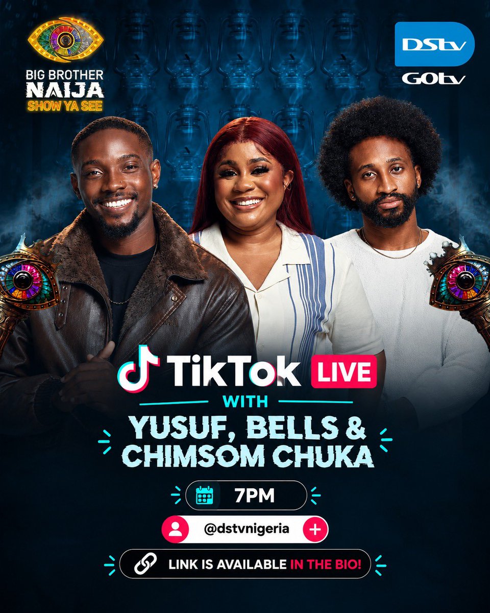 DStvNg's tweet photo. Catch up with Yusuf, Bells and Chimsom Chuka tonight on TikTok at 7PM! 🎙️🔥
Do you have questions for them? Drop it in the comments below and join us LIVE tonight 👉 https://t.co/OktBpQOJSm 

#BBNaija https://t.co/3rcnL6rIqD