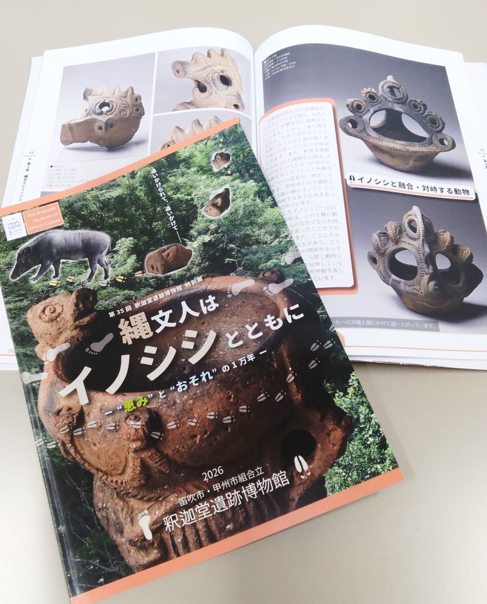 ShakadoJomon's tweet photo. 釈迦堂遺跡博物館　特別展
【縄文人はイノシシとともにー“恵み”と“おそれ”の1万年ー】現在開催中の図録を販売しております。1,200円です。まだ、公式サイトの刊行物ページに反映できていませんが、近日中に更新いたします。是非手に取ってご覧下さい。
#釈迦堂遺跡博物館 https://t.co/9HyMpK9DTC