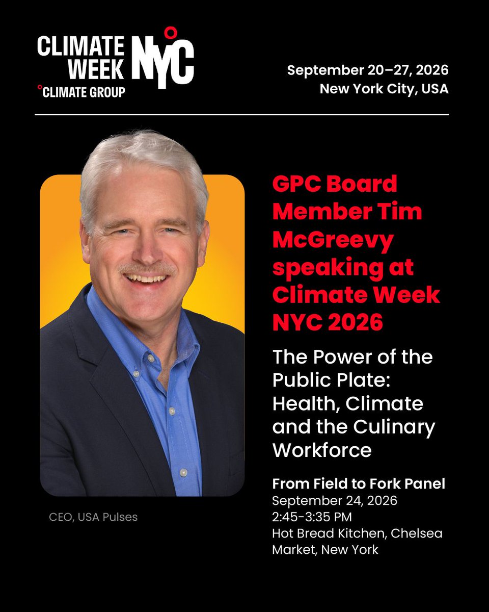 GlobalPulsesGPC's tweet photo. GPC Board Members at Climate Week NYC 2026 🌎

Cindy Brown and Tim McGreevy will be representing the global pulses industry at Climate Week NYC, taking part in conversations around sustainable food systems, trade, climate and the future of food.

#GPC #Pulses #ClimateWeekNYC https://t.co/TYtfXQRvIe