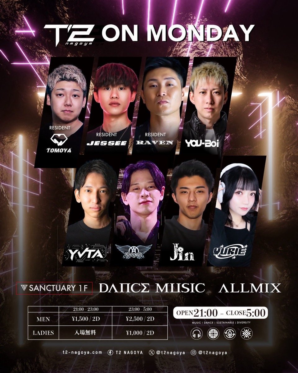 t2nagoya's tweet photo. Tonight‼️
🟧EVERY MONDAY PARTY🟧
『GLOBAL STANDARD SUNDAY』

⏰OPEN: 9:00pm〜5:00am

🔊GENRE: ALLMIX

DJ's
TOMOYA @dj_tomoya_ 
JESSEE @dj_jessee 
RAVEN @96_raven_08
YOU-Boi @DJ_YOU_Boi 
YURIE
YVTA
HIMAWARI https://t.co/SfJimQCnTI