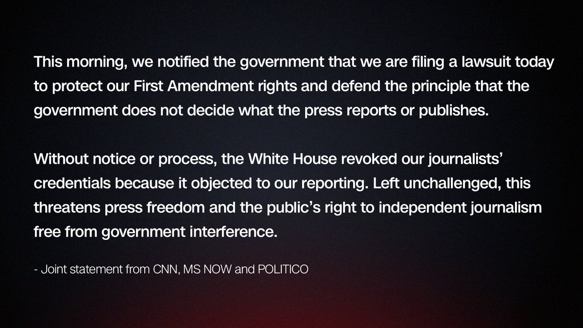 sentdefender's tweet photo. CNN, MS NOW and Politico are suing the Trump administration after their White House press credentials were revoked and their reporters were denied entry to the White House grounds.

The outlets said they were filing the lawsuit to protect their First Amendment rights, arguing that the administration revoked their credentials because it objected to their reporting. The lawsuit names President Trump, White House communications director Steven Cheung, Chief of Staff Susan Wiles and Secret Service Director Sean Curran.

President Trump announced the ban September 18th, accusing the three outlets of reporting “FICTION and LIES” about his administration and saying other outlets could also face restrictions. The ban was enforced the following day, when reporters' credentials were deactivated and confiscated.

The organizations are asking a federal judge in Washington to temporarily block the ban and restore their permanent White House credentials. The White House has not publicly responded to the lawsuit as of this morning.