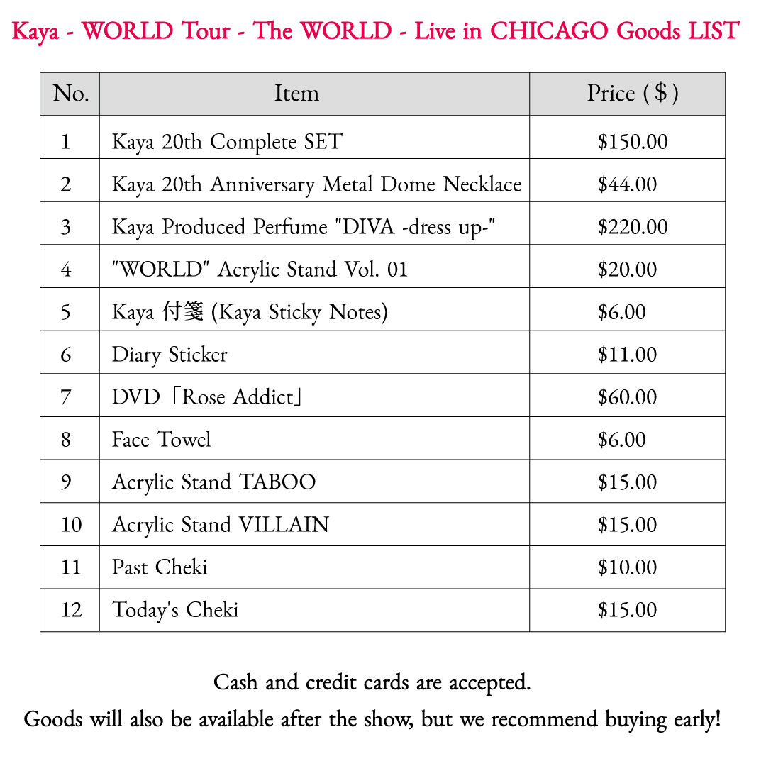 Kaya_info_news's tweet photo. Kaya WORLD Tour 2026 -The WORLD-

🇺🇸 Chicago — TODAY!

Reggies Rock Club

Tickets:
https://t.co/GA8eSPn96v
Kaya Goods
【RECOMMENDED】
Perfume de Kaya
Metal Dome Necklace
Match with Kaya!

Cash &amp; cards accepted.
Goods available after the show, but buy early!
#Kaya20thWORLDTOUR https://t.co/HSMVi6C8IW