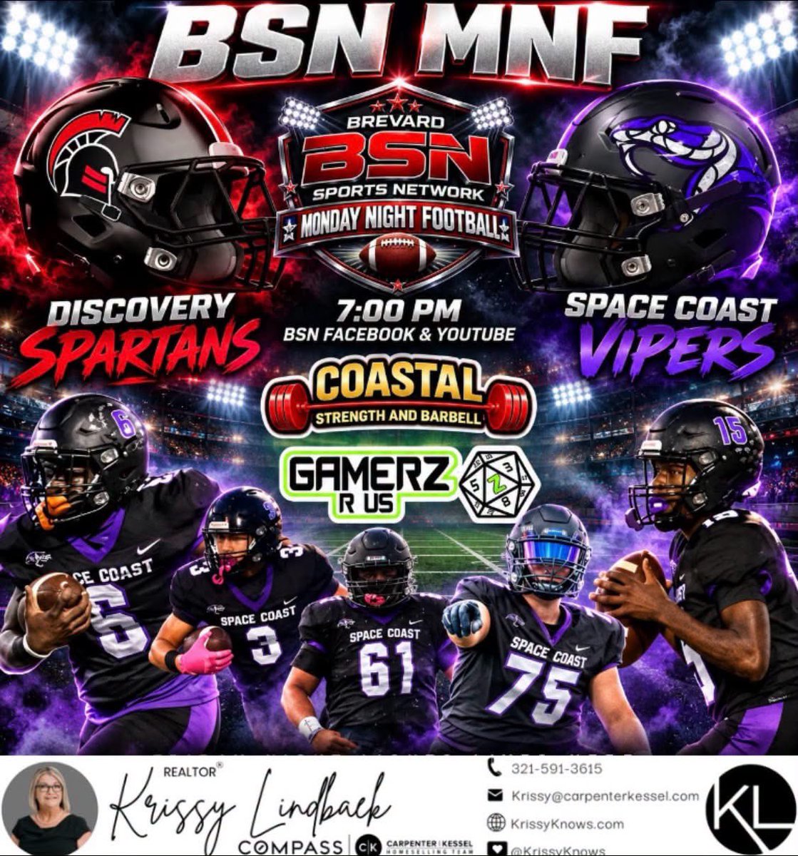 SportsBrevard's tweet photo. BSN MONDAY NIGHT FOOTBALL: DISCOVERY SPARTANS AT @schsviperfb: 7:00 PM BSN FACEBOOK &amp; YOUTUBE 

Read the preview here: https://t.co/UB2Fhg3c3J

#BSN #BrevardSportsNetwork #MondayNightFootball #SpaceCoastVipers #DiscoverySpartans #BrevardFootball #HighSchoolFootball https://t.co/1AVABP2x3Y
