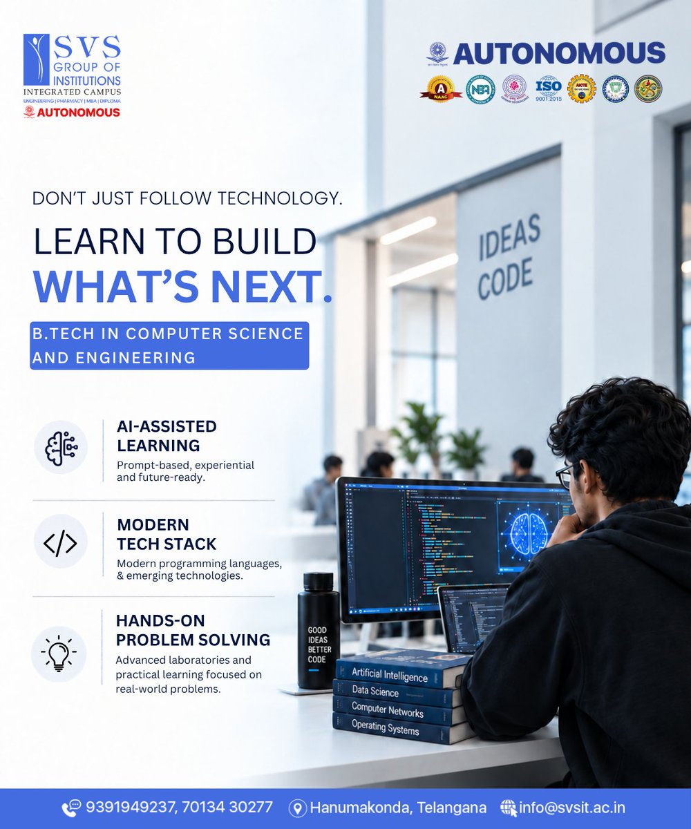SVSIT_Warangal's tweet photo. At SVS, Computer Science & Engineering goes beyond coding.
With a focus on AI, data analytics, software development and emerging technologies, students gain hands-on experience through modern labs and realworld projects.
#SVS #CSE #ComputerScienceEngineering #BTech #Engineering https://t.co/ofMVSTA4Bh
