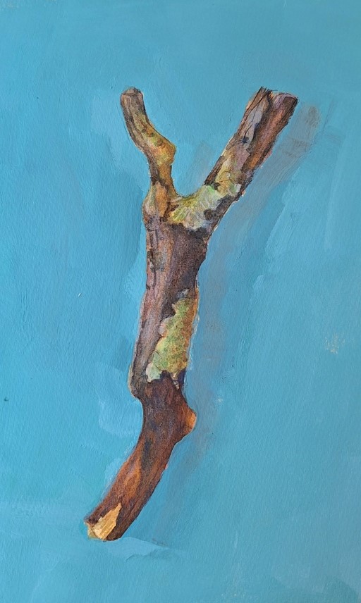 RuthRandom's tweet photo. This time of year I sometimes revert to nature table painting - captivated by nature's abundance, colour and nostalgia (reminds me of catapaults) This one is called, The Lichen Twig, started as a faithful watercolour but lapsed into gouache and polychrome crayons. #autumnvibes https://t.co/FTvKFkOmW1