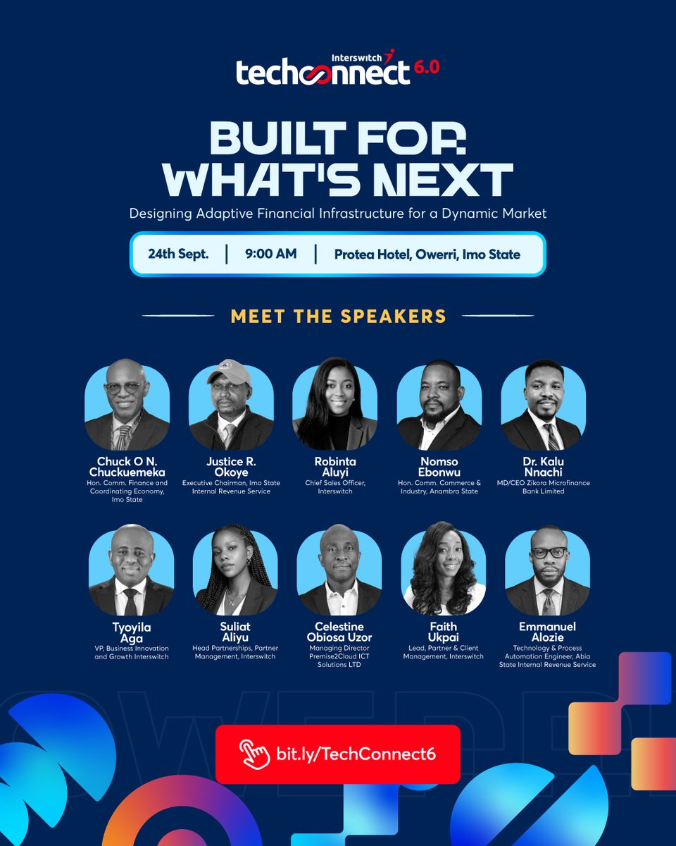 InterswitchGRP's tweet photo. #InterswitchTechConnect 6.0 is here! 🚀

We’re bringing industry leaders, fintech innovators &amp; business decision-makers together to shape the future of adaptive financial infrastructure.

📍Owerri |📅 Sept 24 |⏰ 9AM
Join us. Register: https://t.co/SLR4JIX3re

#BuiltForWhatsNext https://t.co/QulpqeYv88