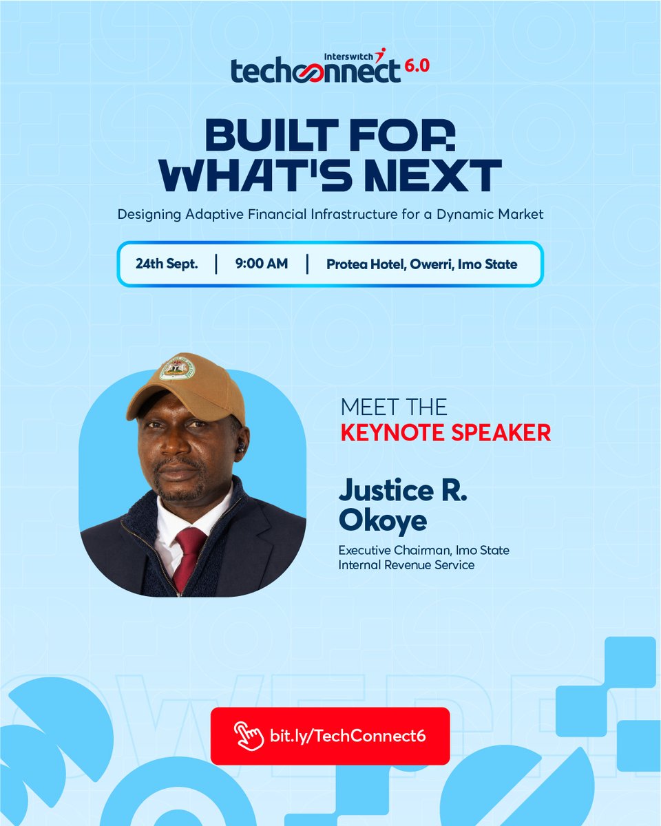 InterswitchGRP's tweet photo. #InterswitchTechConnect 6.0 is here! 🚀

We’re bringing industry leaders, fintech innovators &amp; business decision-makers together to shape the future of adaptive financial infrastructure.

📍Owerri |📅 Sept 24 |⏰ 9AM
Join us. Register: https://t.co/SLR4JIX3re

#BuiltForWhatsNext https://t.co/QulpqeYv88