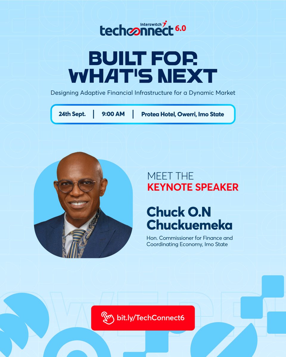 InterswitchGRP's tweet photo. #InterswitchTechConnect 6.0 is here! 🚀

We’re bringing industry leaders, fintech innovators &amp; business decision-makers together to shape the future of adaptive financial infrastructure.

📍Owerri |📅 Sept 24 |⏰ 9AM
Join us. Register: https://t.co/SLR4JIX3re

#BuiltForWhatsNext https://t.co/QulpqeYv88