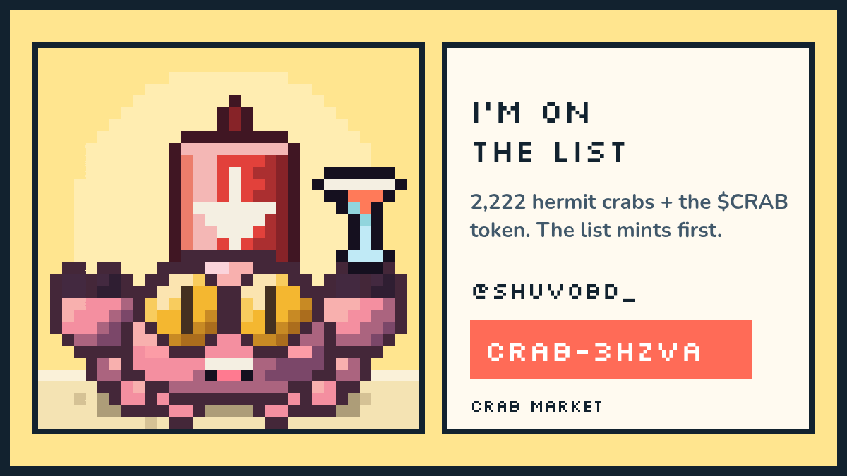 SHUVOBD_'s tweet photo. I'm on the list for @crabmarketio. 2,222 hermit crabs + the $CRAB token on Robinhood Chain.

My pass: CRAB-3HZVA https://t.co/cVj9llH7ME