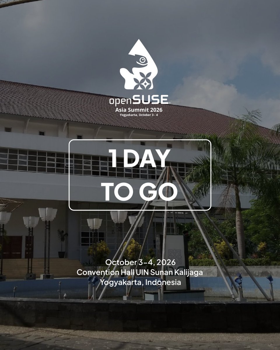 openSUSE_ID's tweet photo. ⏳ Just 1 day to go! 🚀
The wait is almost over! Tomorrow is the big day for https://t.co/b2r2KyHIuc Summit 2026. Safe travels to everyone heading to Yogyakarta, and let's make this an unforgettable event! 🦎🎉
#openSUSE #oSAS26 https://t.co/w1QqweN61g
