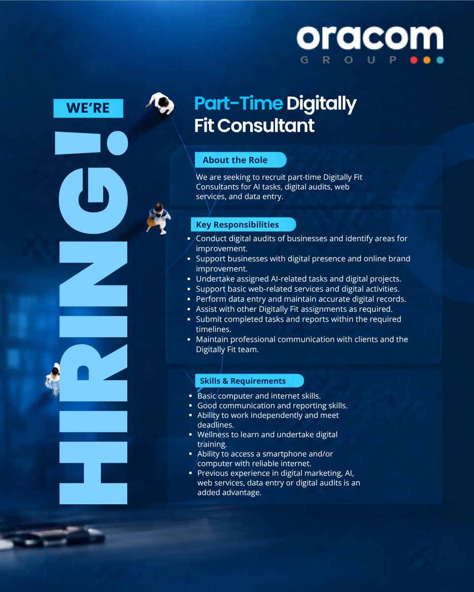 OracomGroupLtd's tweet photo. We’re hiring Part-Time Digitally Fit Consultants for AI Tasks, Digital Audits, Web Services &amp; Data Entry. Work from home or school. Apply: https://t.co/NFvAyxsn3l #DigitallyFit #RemoteJobs #AIJobs #Ikokazike #cleankisii https://t.co/pF6ILnPjsu