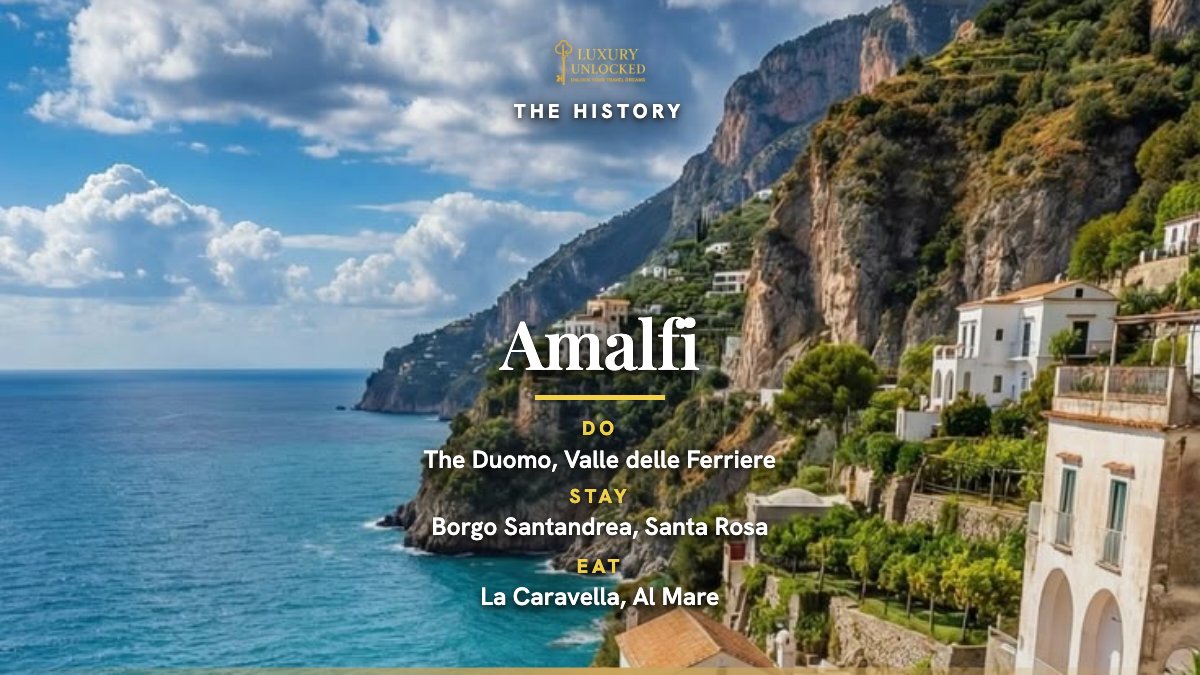 luxury_unlocked's tweet photo. The Amalfi Coast, town by town. Where to stay, what to eat, what is worth the climb.

Sorrento first, and a technicality worth knowing: it is on the Sorrentine Peninsula, not the Amalfi Coast. It is still the best gateway, because the train from Naples ends here and the boats leave from here. Bellevue Syrene or Cocumella. Eat at Il Buco.

Positano is the postcard, and it is vertical. Every walk ends in steps. Two nights is right. Le Sirenuse or Il San Pietro. Lunch at Da Adolfo, reached by boat.

Amalfi is the flattest of the four, with a real beach and the Duomo. Best base for families. Santa Caterina.