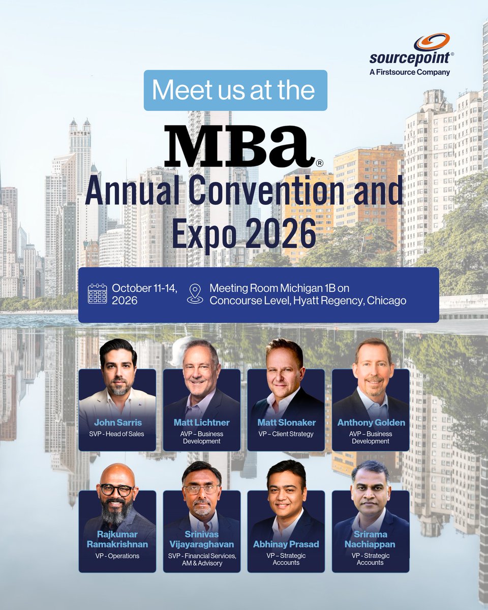 sourcepoint_'s tweet photo. Meet our team at MBA's Annual Convention &amp; Expo 2026 and see how smarter operations can drive measurable business impact.

📍 Meeting Room Michigan 1B on Concourse Level, Hyatt Regency, Chicago 📅 October 11-14, 2026

Book meeting: https://t.co/lNGjW8dNKl

#MortgageTransformation https://t.co/taI44Cw7sA