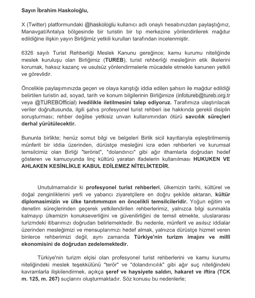 haskologlu's tweet photo. Türkiye'de turistleri dolandıran şahıslarla ilgili yaptığım haber sonrasında TUREB isimli grubun avukatı CHAT GPT'yi kullanarak bana tehditvari yazdığı metni sizinle paylaşıyorum.

İlgili avukata CHAT GPT'yi kullanarak beni niye tehdit ediyorsunuz diyorum. Adam sesinizi kaydediyorum istediğimle yazarım diyerek 'beni tehdit etmeyin' diyor.

Gerçekten inanılmaz bir olay ama peşini bırakmayacağım bu olayların. @TCKulturTurizm