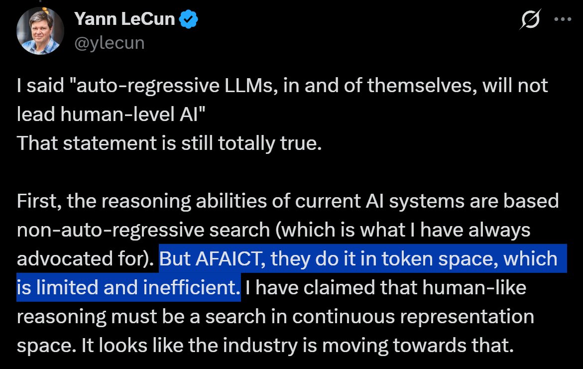 AestherML's tweet photo. Yann LeCun is moving the goalposts by ignoring 99.9% of the latent space and declaring war specifically on the unembedding layer. 

Now I'm 100% convinced that this is a JEPA marketing stunt. 

How can a once-respected researcher honestly believe that a space of 100,000+ tokens is a bottleneck, but our human 26-letter alphabet isn't? 

And his mention of "autoregression" is even more ridiculous when you factor in "predictive coding" in the human brain.

There is zero chance that he is being serious about this. Its either PR or he has completely lost it.

P.S. I would like to quote directly but he is not man enough to unblock me.