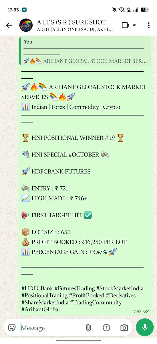 AITSSURESHOT's tweet photo. 🏆 HNI POSITIONAL WINNER # 19 🏆  

🐬 HNI SPECIAL #OCTOBER 💸  

🚀 HDFCBANK FUTURES  

💸 ENTRY : ₹ 721  
📈 HIGH MADE : ₹ 746+

🎯 FIRST TARGET HIT ✅  

📦 LOT SIZE : 650  
💰 PROFIT BOOKED : ₹16,250 PER LOT 

#HDFCBank #FuturesTrading #StockMarketIndia https://t.co/8aXCFcrCKR