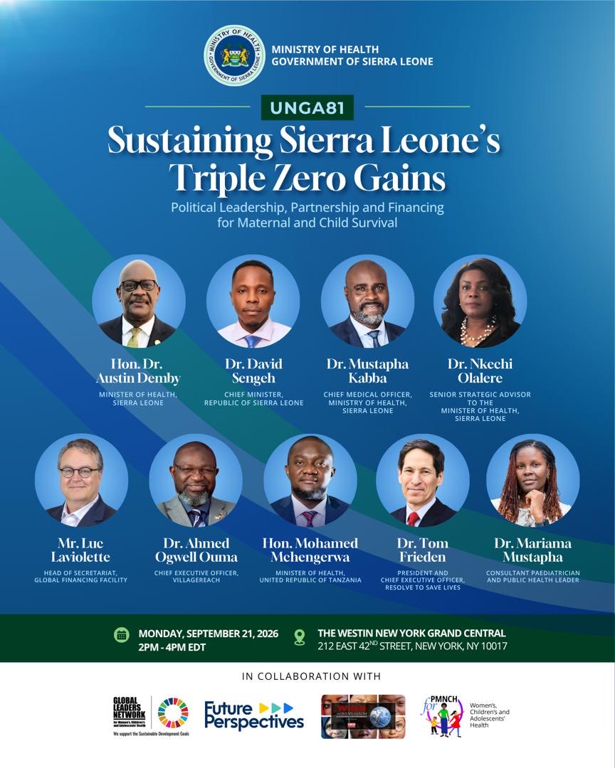 DrMMustapha's tweet photo. 200 days into #SLTripleZero, the numbers are moving.

Today, I'm speaking &amp; moderating at "Sustaining Sierra Leone's Triple Zero Gains Through 2028" at #UNGA81, with @MoHS_SL, @AfricaCDC, @theGFF, @VillageReach &amp; @DrTomFrieden. https://t.co/eJb5XFssG9
