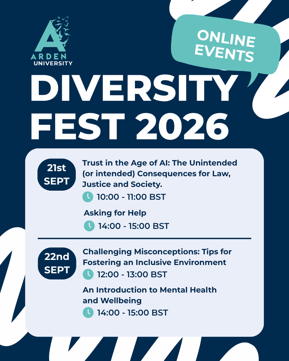 Arden_Uni's tweet photo. Diversity Fest 2026 is HERE! 🌈

Our online events start today with webinars, games and a scavenger hunt. Take part for a chance to win a VIP Graduation Package 🏆 Runner up prizes too!

Closes 1 Oct. Join here: https://t.co/eHDAUmRuoh

#DiversityFest2026 #ArdenUniversity https://t.co/a5klNvQyan