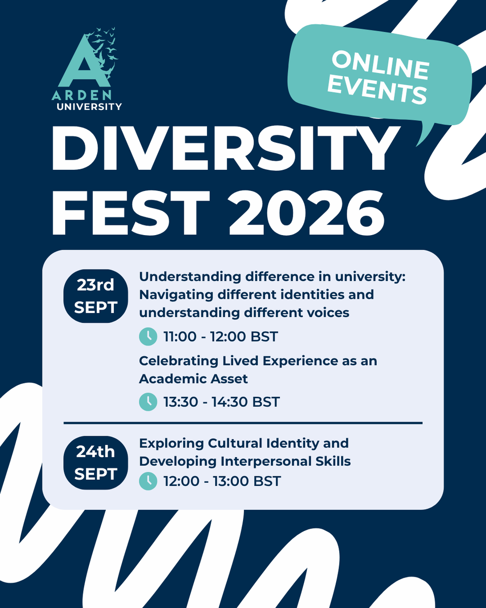 Arden_Uni's tweet photo. Diversity Fest 2026 is HERE! 🌈

Our online events start today with webinars, games and a scavenger hunt. Take part for a chance to win a VIP Graduation Package 🏆 Runner up prizes too!

Closes 1 Oct. Join here: https://t.co/eHDAUmRuoh

#DiversityFest2026 #ArdenUniversity https://t.co/a5klNvQyan