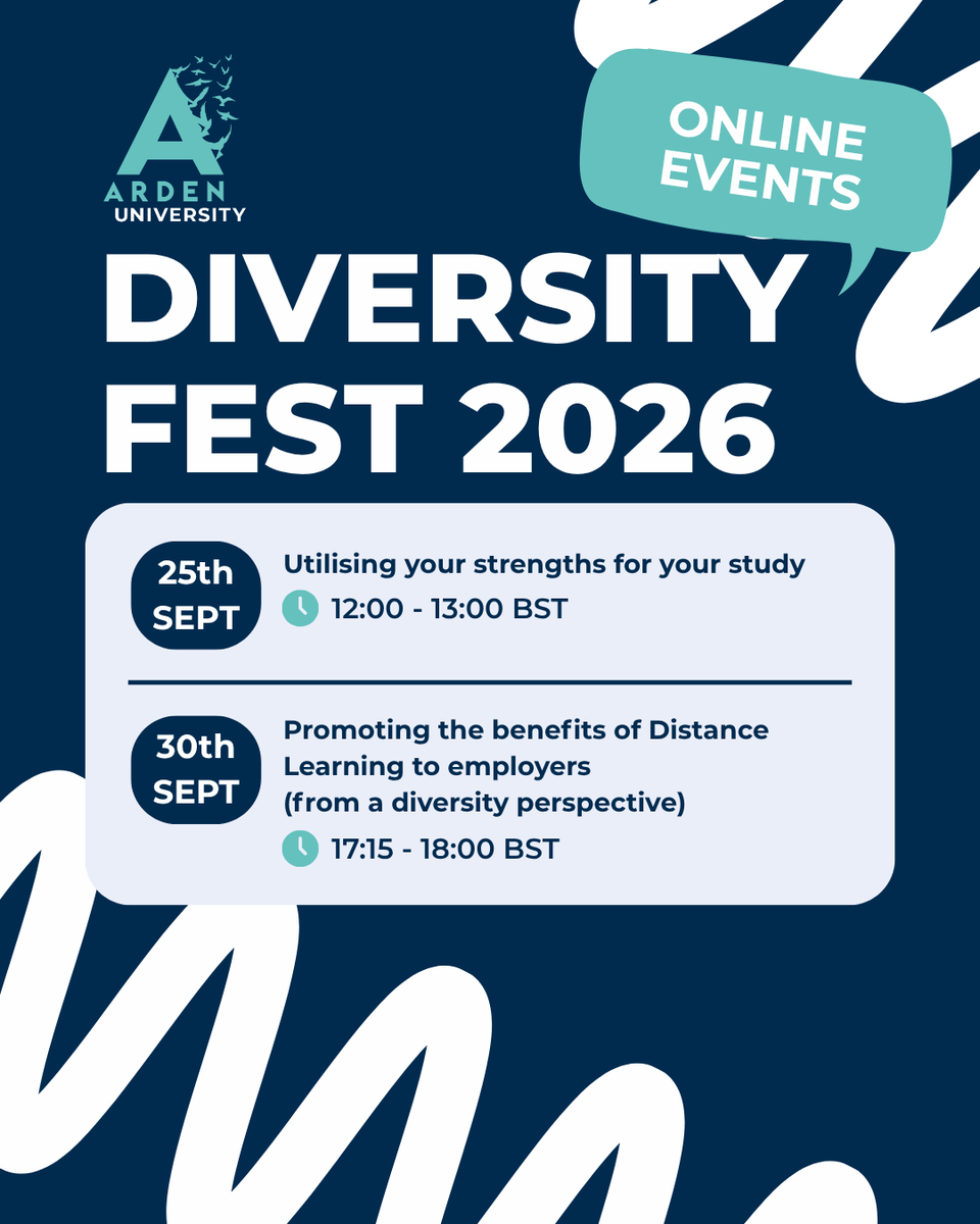 Arden_Uni's tweet photo. Diversity Fest 2026 is HERE! 🌈

Our online events start today with webinars, games and a scavenger hunt. Take part for a chance to win a VIP Graduation Package 🏆 Runner up prizes too!

Closes 1 Oct. Join here: https://t.co/eHDAUmRuoh

#DiversityFest2026 #ArdenUniversity https://t.co/a5klNvQyan