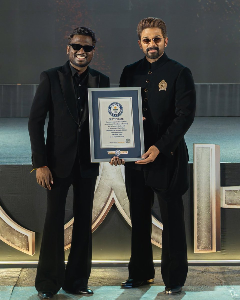 telugufilmnagar's tweet photo. Icon Star #AlluArjun’s #Raaka scripts history 🏆 

Team enters the Guinness World Records for the Most People Motion Captured in Real-Time with 37 performers simultaneously 💥🔥

#Atlee #TeluguFilmNagar https://t.co/voFShZf65W