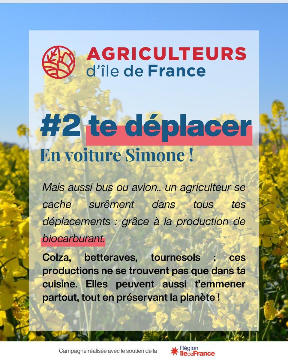 AgriculteursIDF's tweet photo. On a toujours besoin d’un agriculteur pour avancer ! 🚗🌾

Colza, betteraves, tournesols… l’agriculture francilienne ne se retrouve pas seulement dans nos assiettes : elle contribue aussi à nos déplacements grâce à la production de biocarburants.

En voiture Simone ! Un agriculteur se cache sûrement derrière chacun de vos trajets. 🚙✈️🚌

📅 Un nouveau visuel tous les deux jours, abonnez-vous pour ne rien manquer !

@iledefrance @produitenIDF @CAIDF @Horizons_agri