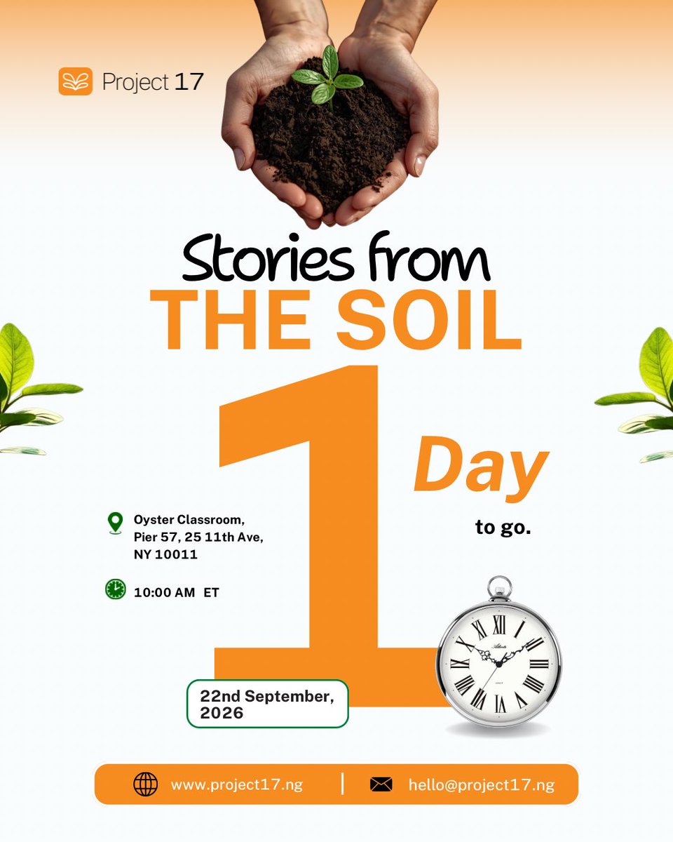 Project17_ng's tweet photo. ONE DAY TO GO. 😊

The countdown is almost over.

Tomorrow, Stories from the Soil brings African voices, lived experiences and climate stories together in New York.

The room is ready.
Are you? 👀

#project17 #storiesfromthesoil #climateweeknyc #africanvoices https://t.co/ozgIXRlTtP