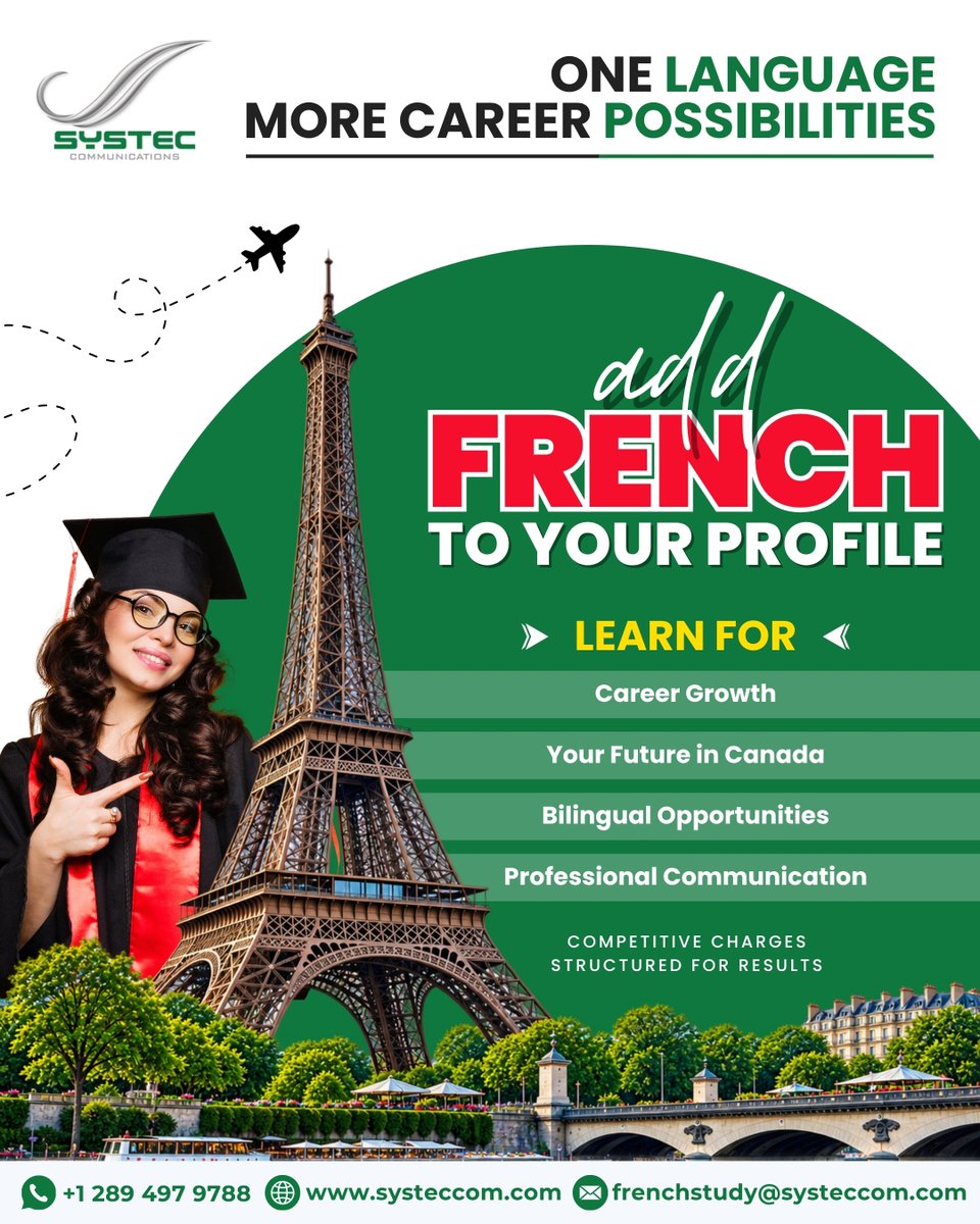 Systeccom's tweet photo. ONE LANGUAGE. MORE CAREER POSSIBILITIES.

📩 frenchstudy@systeccom.com
🌐 https://t.co/m3ZcdWRCMD
📞 +1 289 497 9788

#LearnFrench #FrenchForCanada #FrenchLanguage #FrenchCourse  #FrenchSpeaking #CareerGrowth #LearnFrenchOnline #FrenchTraining  #SystecFrenchAcademy #Systeccom https://t.co/TN2f86LEh3