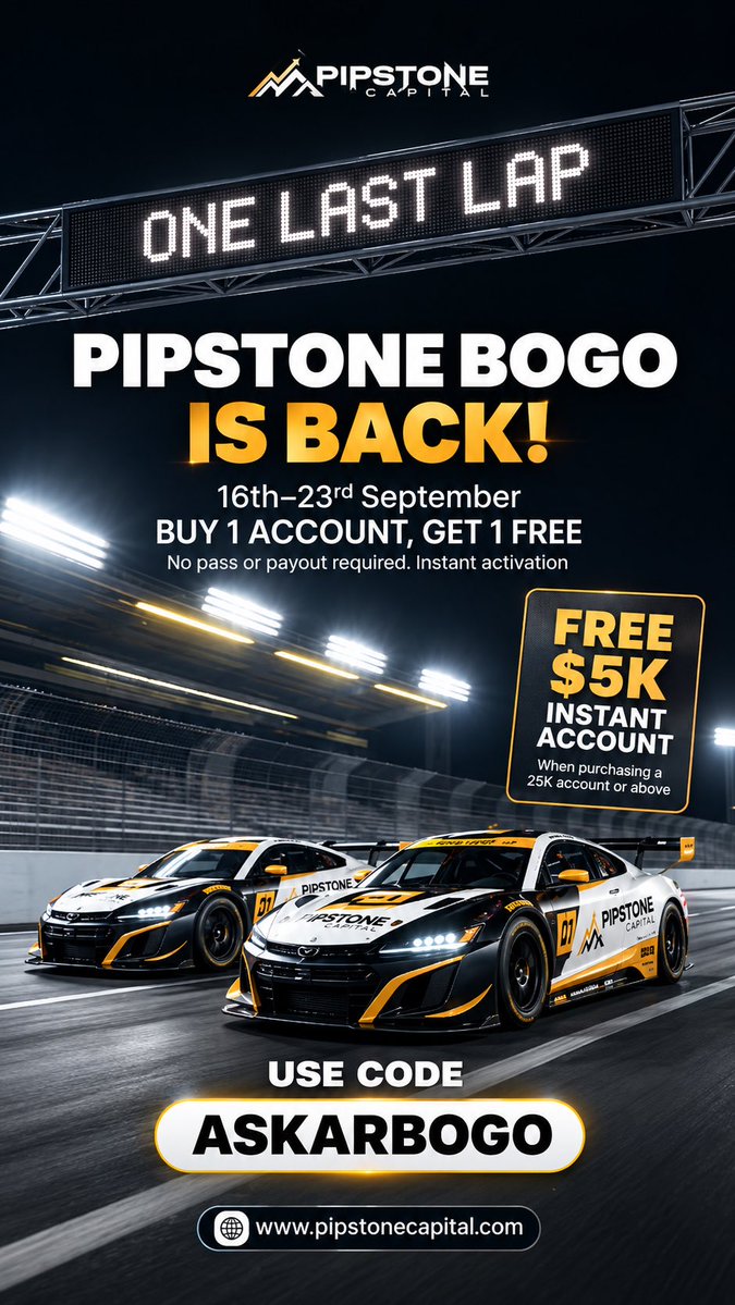 edrees_askar's tweet photo. 🚨 LAST 48 HOURS! 🚨

The Pipstone BOGO offer is almost over! 🔥

🎁 Buy 1 account → Get 1 FREE
⚡ No pass or payout required
🚀 Instant activation
💰 Get a FREE $5K Instant Account when purchasing a $25K account or above
🏷️ Use codeASKAEBOGO to claim your offer.

⏳ Only 48 hours left — don’t miss this chance 🔥🫱🏾‍🫲🏼

Use the link: https://t.co/ajSjIx0aey