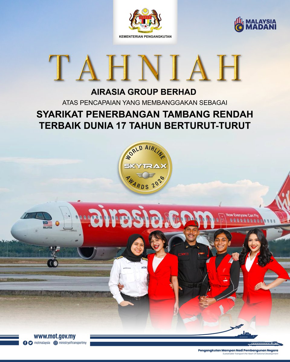MOTMalaysia's tweet photo. Kementerian Pengangkutan Malaysia merakamkan ucapan tahniah kepada AirAsia atas pengiktirafan sebagai Syarikat Penerbangan Tambang Rendah Terbaik Dunia bagi tahun ke-17 berturut-turut di Skytrax World Airline Awards 2026.

#MOTMalaysia #AirAsia #Skytrax2026 #AviationMalaysia https://t.co/BOvgI2jlng
