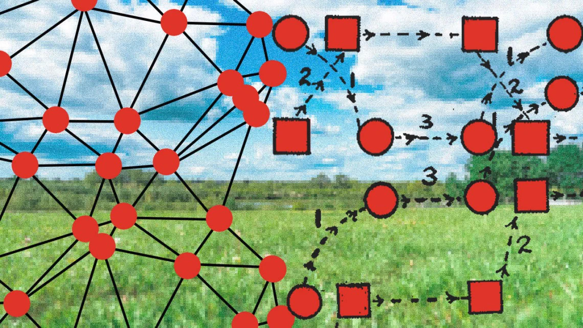 An illustration features two interconnected network diagrams over a scenic countryside background. On the left, red circles connected by lines form a complex web. On the right, red squares and circles are connected by arrows in a simplified flowchart style. The background shows a landscape with a grassy field and cloudy sky.