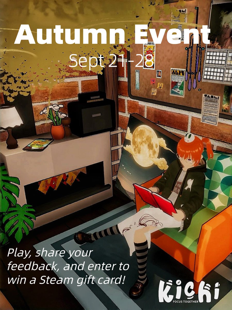 kichi_studios's tweet photo. 🌕 Special Kichi Playtest Event | Sept 21–28 + Steam Gift Card Rewards

Kichi Steam playtest is live now, and we're running a special event from September 21–28  to celebrate the arrival of fall.

Decorate your space and customize your own virtual character!
Play for around 25–60 minutes, then complete our 3–5 minute survey for a chance to receive a Steam gift card. 
The first 10 qualifying submissions will receive a $5 reward!!

How to participate:
1. Join the official Kichi Discord
2. Find Kichi: Focus Together on Steam and join the playtest
3. Complete the new survey

Already completed an earlier survey? You can still participate, but please complete the new survey for this event.

Join us and help shape Kichi: Focus Together！

#DemoMonday #indiegame #steamgame #indiedev #gameart #playtest #focus #cozygames #casual #decorating #agent #productivity #kichi