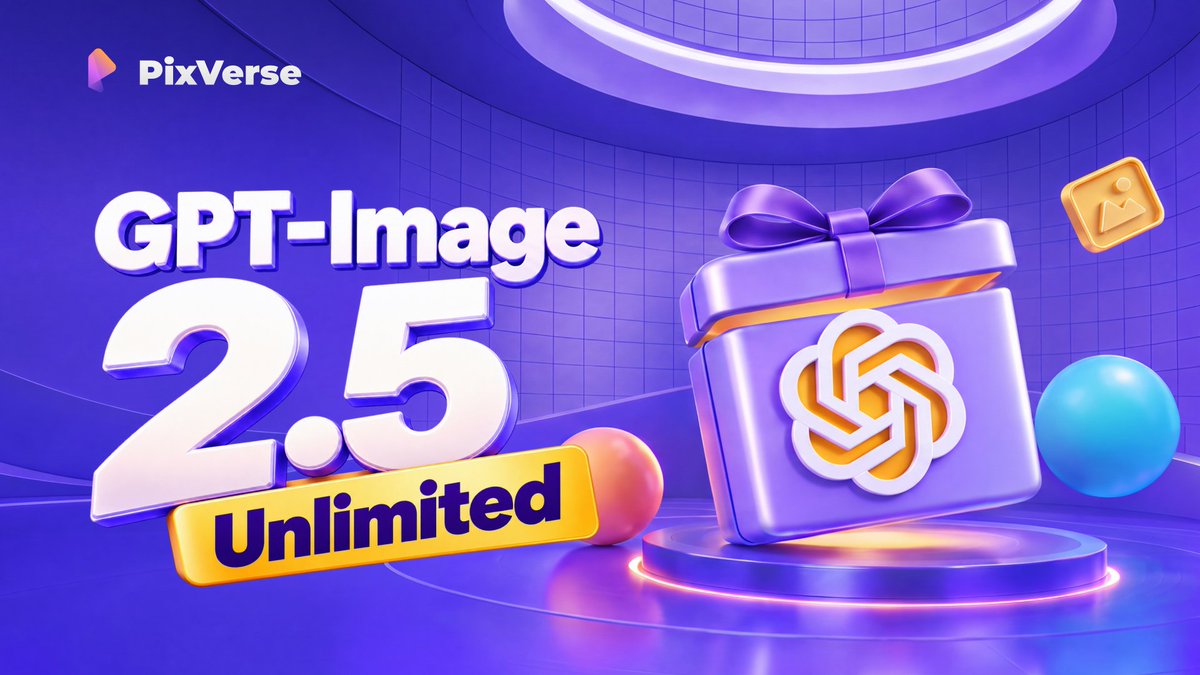 PixVerse's tweet photo. GPT-Image 2.5 is now UNLIMITED on PixVerse

The most capable image model yet: consistent characters, clean multi-angle turnarounds, and production-ready detail across any style.

Zero credit cost for the next 2 weeks

Repost in the next 72 hours and we'll send 150 free credits to your DMs