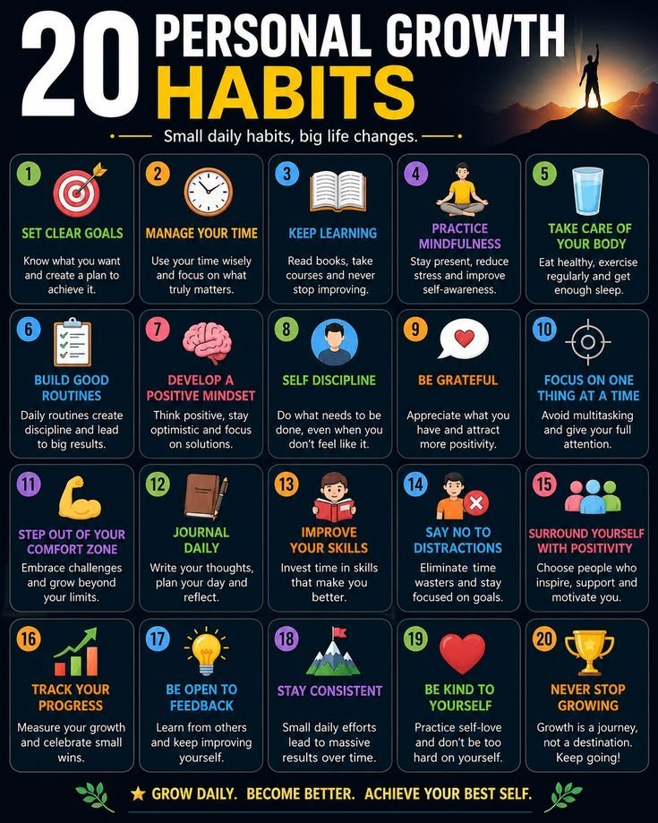 BetterYouSkills's tweet photo. 📌 PERSONAL GROWTH HABITS THAT CAN TRANSFORM YOUR LIFE 🌱

🔸️ Read daily → Keep learning
🔸️ Move your body → Protect your energy
🔸️ Plan tomorrow → Start with clarity
🔸️ Reflect → Learn from your day
🔸️ Limit distractions → Protect your focus
🔸️ Practice gratitude → Shift perspective
🔸️ Do hard things → Build resilience
🔸️ Keep promises to yourself → Build self-trust

Small habits. Big change. 💪

📩 Free Guide: Master the 12 soft skills that drive success—and start applying them today. 🚀

👉 Get your free copy:
https://t.co/vfTpyzxnxz⁠

#PersonalGrowth #Habits #Success