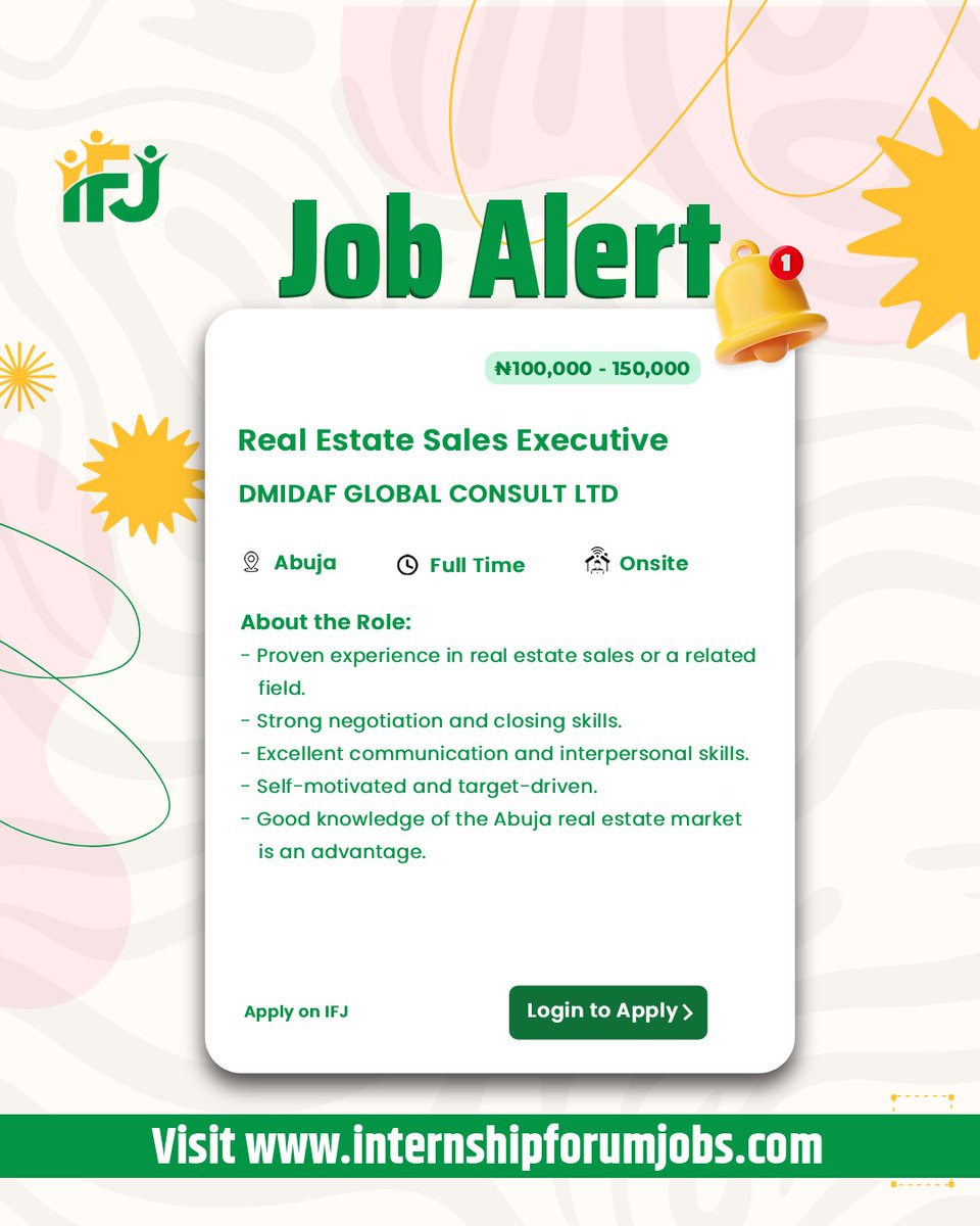 ifj_platform's tweet photo. URGENT HIRING: 4 ROLES 🚨

Assistant Accountant | Lagos (Onsite)
👉:https://t.co/eDJajQJ1pR

Real Estate Sales Exec | Abuja (Onsite)
👉:https://t.co/p1gg6qIkjv

Sr. Software Engineer | Lagos (Hybrid)
👉:https://t.co/hjGhViJuwZ

Sr. Backend Engineer | Lagos (Hybrid)
👉:https://t.co/ujtzv8YlRO

📲 Channel: https://t.co/PiuMMLNdDS

#JobsInNigeria #JobAlert #HiringNow #NigeriaJobs #Careers #Recruitment #NowHiring #Employment #JobSearch #Vacancy