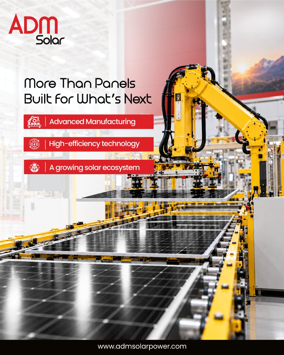 ADMSolarPower's tweet photo. India’s solar future won’t be built on panels alone.

It will be built on advanced manufacturing, high, efficiency technology, stronger processes, and the infrastructure to scale.

At ADM Solar, we’re building that foundation.

#ADMSolar #SolarEnergy #MakeInIndia https://t.co/F3lKYGEbxh