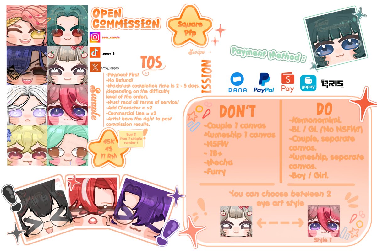 ZeeV_Commss's tweet photo. 💬 OPEN COMMISSIONS 💌✨
[ 🔁 &amp; ❤️ are very appreciated ]

‼️Ada 4 jenis commission🤯🎉

-Chibi Art 👶🍃
-Square Pfp 🙇
-Pet 🐱🐶🐰
-PNGTuber (Pop Cat) 🛍️
*Price for Local &amp; International💸
( IDR/USD/RM )

💌 DM ZeeV jika kamu tertarik! 💬
#commissionㅤ https://t.co/Dwjiwhg5Mp