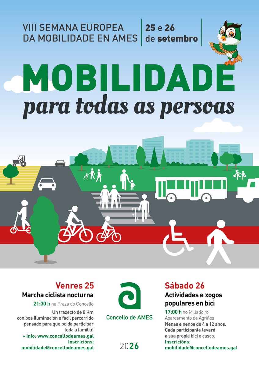 concellodeames's tweet photo. Ames aposta pola mobilidade para todas as persoas na VIII Semana Europea da Mobilidade 🚲
📝 O prazo de inscrición para participar nestas actividades xa está aberto ✉️mobilidade@concellodeames.gal.
Toda a ℹ️🔗 https://t.co/8xFHpNLKNj
#SemanaEuropeaDaMobilidade #ConcelloDeAmes https://t.co/lZZtNMwITZ