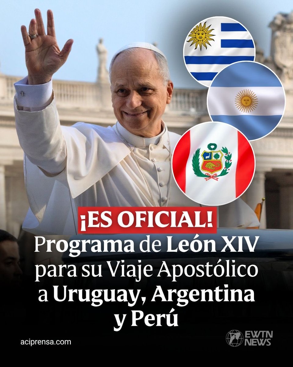 aciprensa's tweet photo. El Vaticano publicó este lunes el programa del viaje apostólico del Papa León XIV a Uruguay, Argentina y Perú que se llevará a cabo del 6 al 17 de noviembre, en lo que será su primera visita a América Latina y el retorno al Perú, donde llevó a cabo gran parte de su labor como sacerdote y obispo. 

El programa incluye la visita del Santo Padre a los santuarios marianos de la Virgen de los Treinta Tres (Uruguay) y de Nuestra Señora de Luján (Argentina), además de la coronación de la Virgen Inmaculada en Chiclayo (Perú). 

Conoce el programa completo del viaje de León XIV:
👉🏻 https://t.co/kTq6rmhlCs