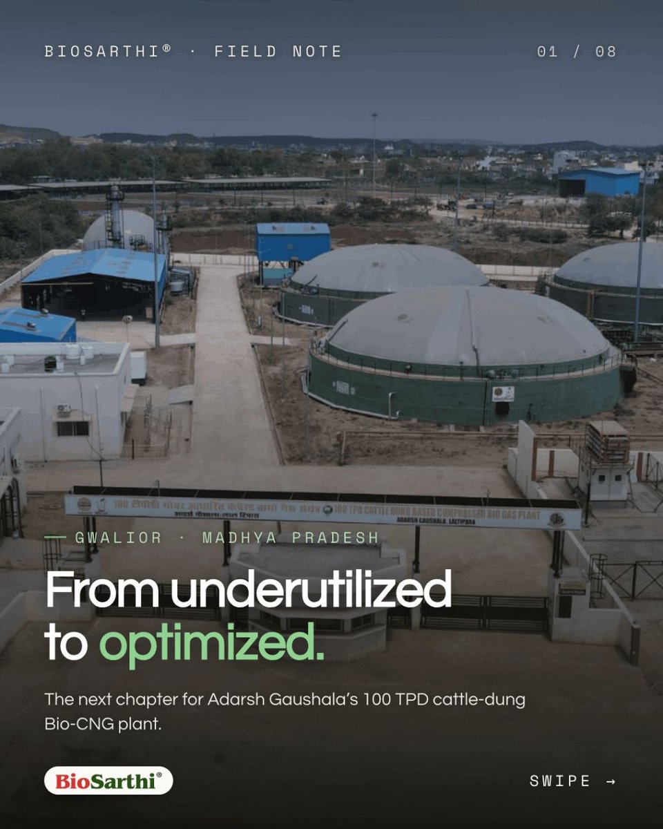 BioSarthi's tweet photo. @BioSarthi is taking operational charge of a 100 TPD cattle-dung-based Bio-CNG plant in Gwalior.

100 TPD feedstock.
3 digesters.

Operations + Feedstock Optimization + IoT + AI.

Build less blindly. Operate better.

#CBG #Biogas #BioCNG #WasteToWealth #BioSarthi https://t.co/DQ7ruhZEhu