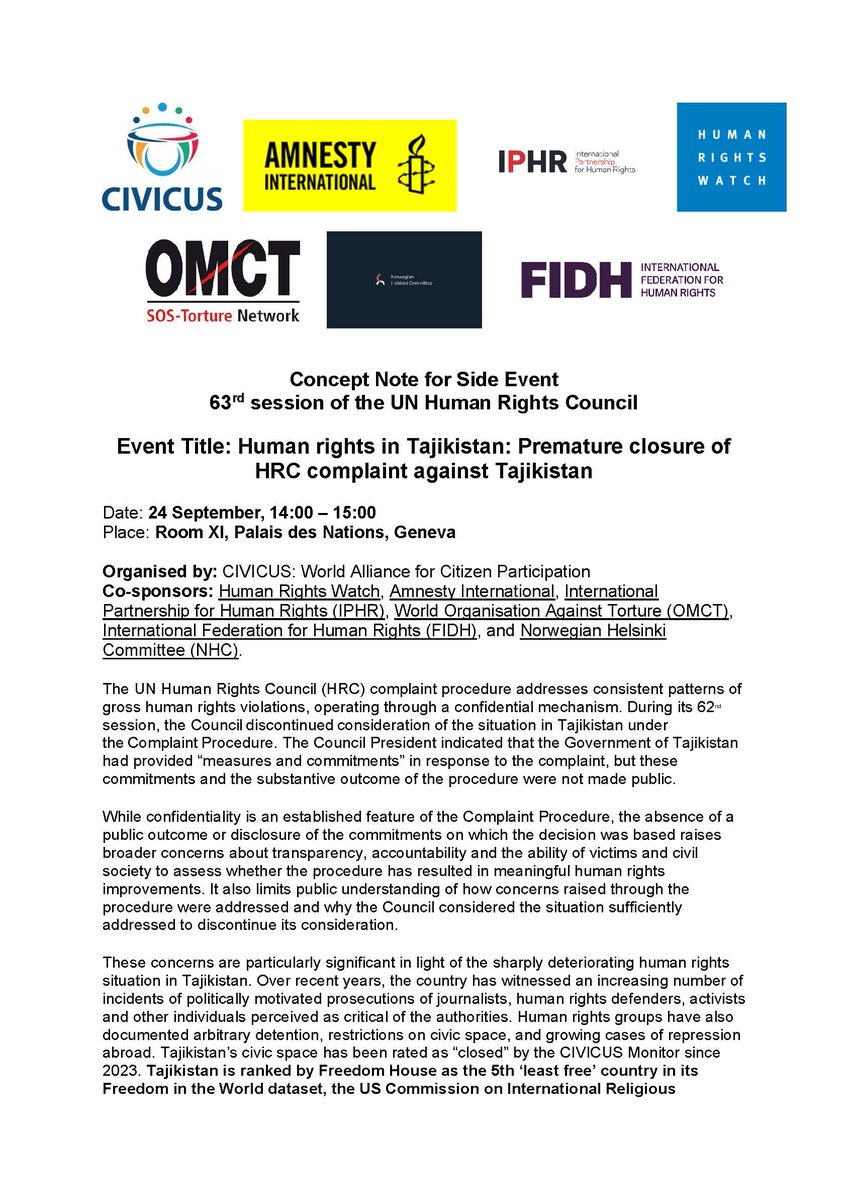 fernanddev's tweet photo. Invitation à un événement parallèle à l'ONU « Droits de l'homme au Tadjikistan : fin prématurée de la plainte du HRC contre le Tadjikistan », le 24 septembre de 14h00 à 15h00, salle XI du Palais des Nations, Genève. Organisé par CIVICUS. https://t.co/8RqcTdF8GE