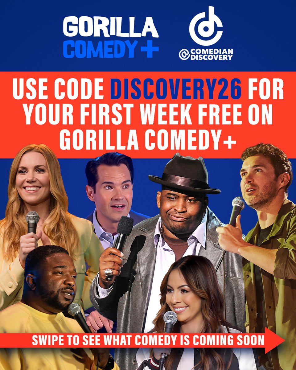 gorillacomedyy's tweet photo. Use code - DISCOVERY26 for a free trial to check out @gorillacomedyplus  

We're teaming up with @comediandiscovery to offer this exclusive code.   

Sign up now: https://t.co/ciLbml20kA 

And discover what comedy is coming your way! https://t.co/ItR2VZxW7M