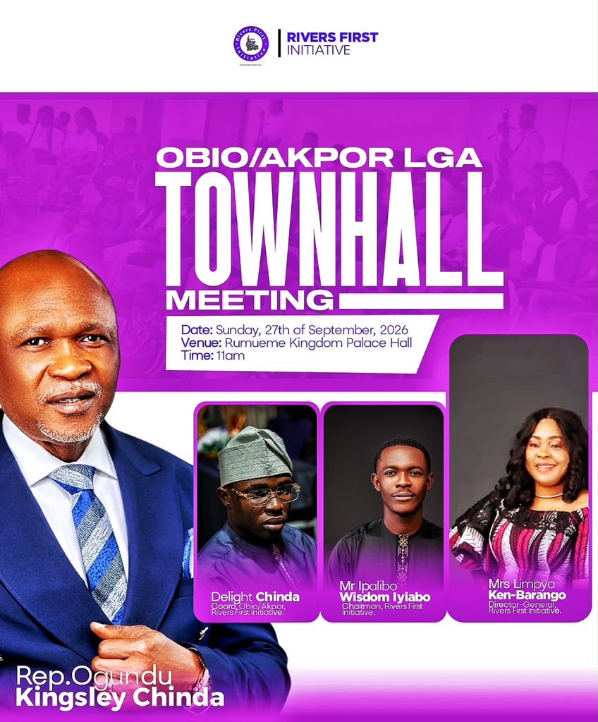 RiversFirstInst's tweet photo. OBIO/AKPOR LGA TOWNHALL MEETING

An opportunity for residents of Obio/Akpor to come together, engage, share perspectives, and discuss issues affecting the community.

📅 Date: Sunday, 27th September 2026
📍 Venue: Rumueme Palace Hall
⏰ Time: 1:00 PM https://t.co/Iof4l2utsp