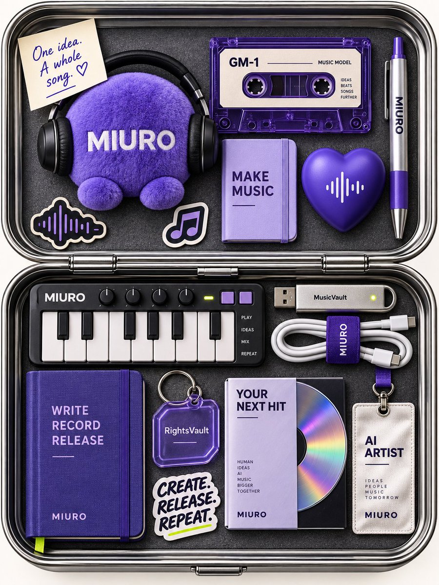 MiuroAI's tweet photo. One idea. A whole song. 🎵
Meet the MIURO creator starter pack: GM-1, MusicVault, RightsVault, and a little purple inspiration. 💜
A concept for now. Which piece would you want on your desk? 👇
#MIURO #AIMusic #GenerativeAI https://t.co/KurIkCUDJA