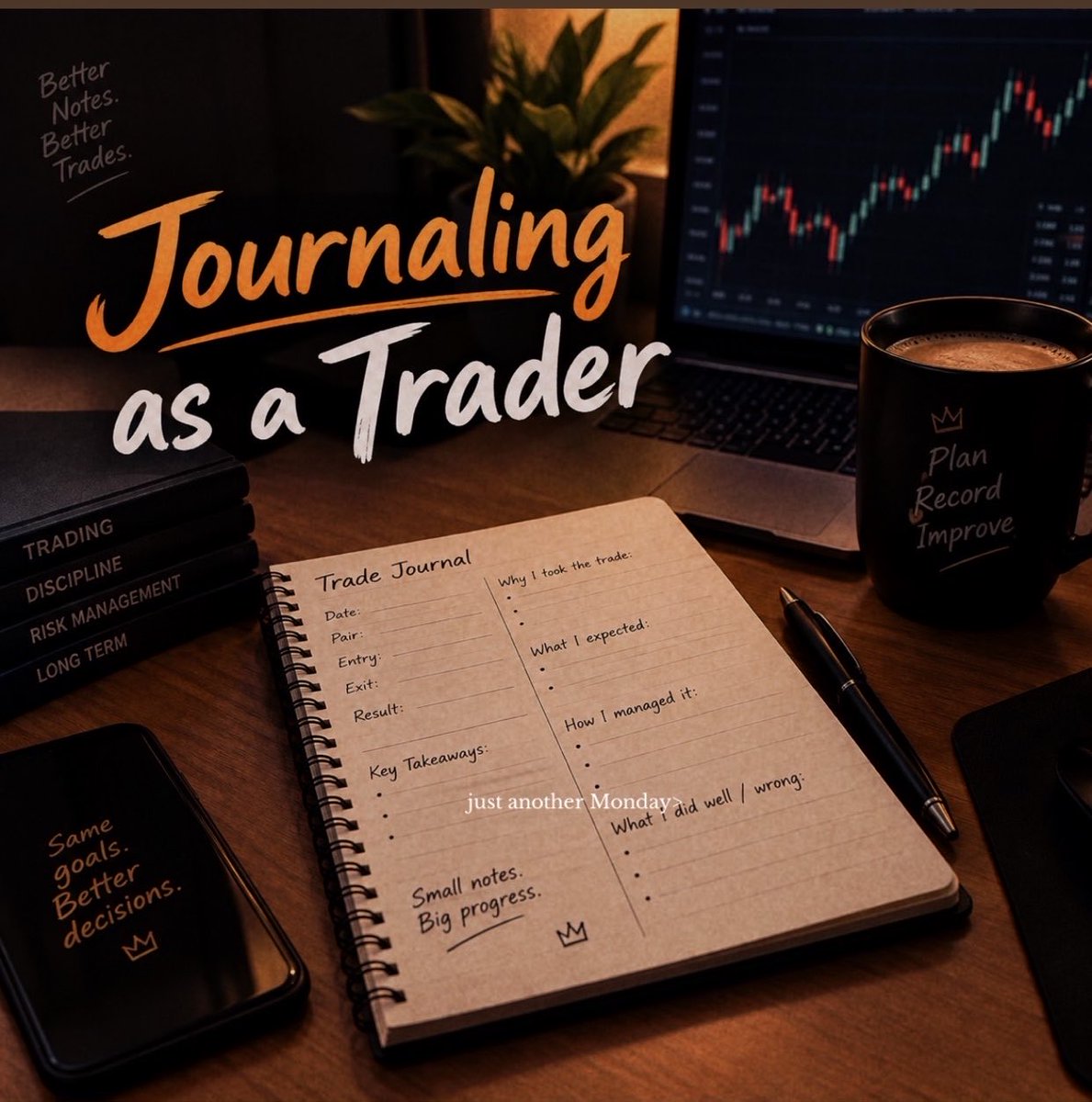 MaleehaMahmoud's tweet photo. One habit that quietly improves you as a trader is journaling.

At first, trading feels simple. You take a trade, it wins or loses, and you move on.

But over time, you start noticing the same mistakes showing up in different trades.

That’s where journaling becomes valuable.

Writing down why you entered, what you expected, how you managed the trade, and what you did right or wrong helps you spot patterns you might miss in the moment.

Maybe you enter too early.
Exit too quickly.
Break your rules when emotions take over.

You might not notice it trade by trade, but your journal will show you.

And once you can see the pattern, you can actually work on it.

Journaling won’t make every trade a winner, but it makes your trading more honest.

And honest self assessment is where real improvement starts.